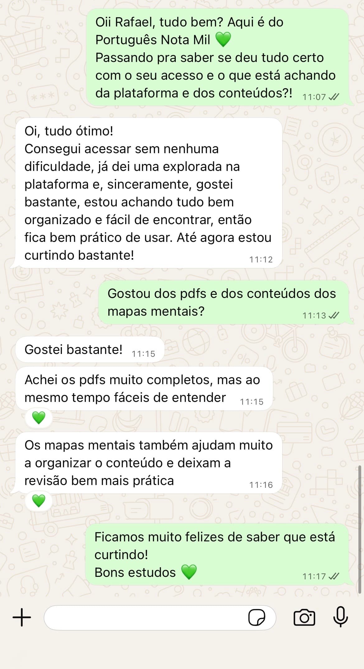 Print de depoimento de aluno sobre a plataforma Português Nota Mil