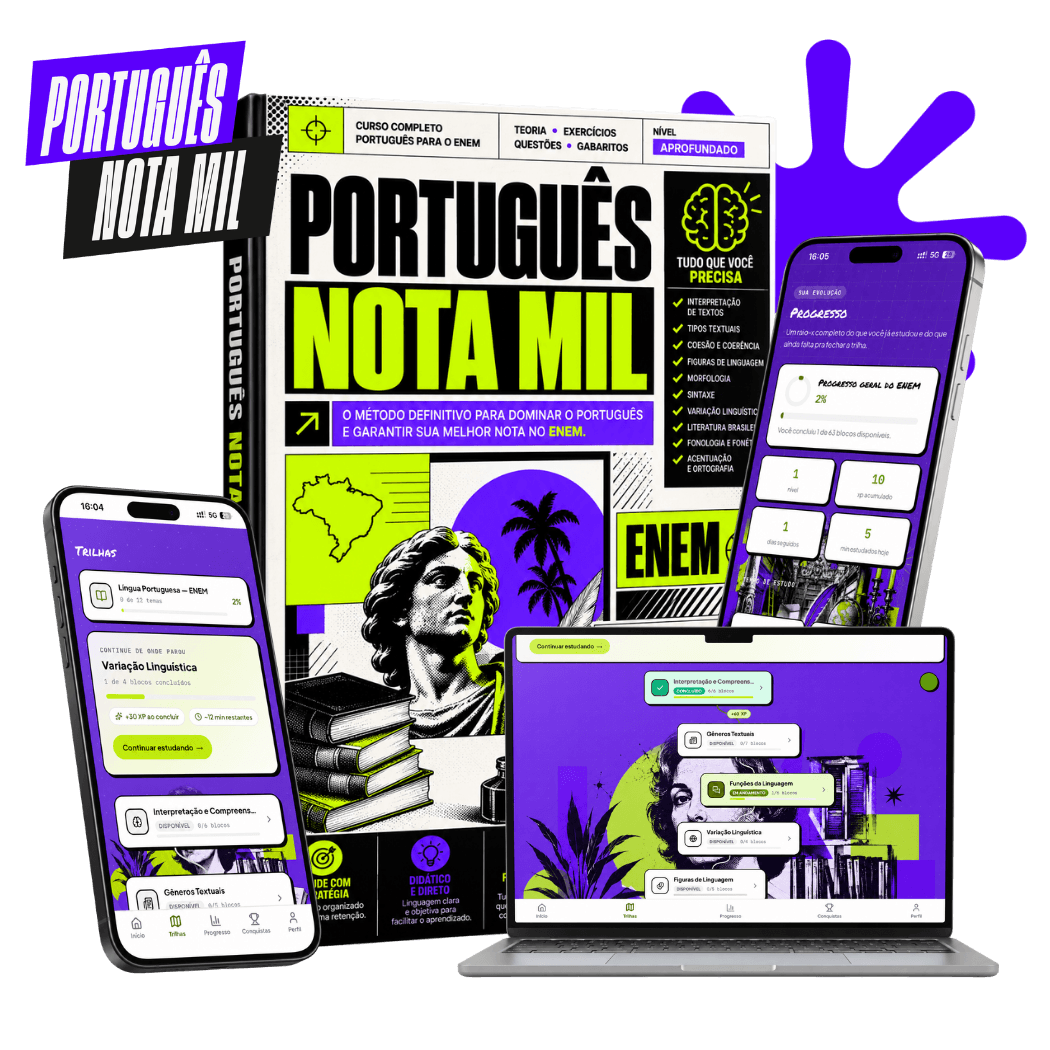 Capa do material Português Nota Mil, com prévia da plataforma no notebook e no celular